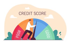 An illustration of a businessman pushing a credit score gauge from the "Poor" section toward the "Good" section. The gauge is divided into color-coded segments, with red indicating a poor credit score and green representing a good score. The background features a light beige sky with clouds and greenery, symbolizing financial progress and improvement.