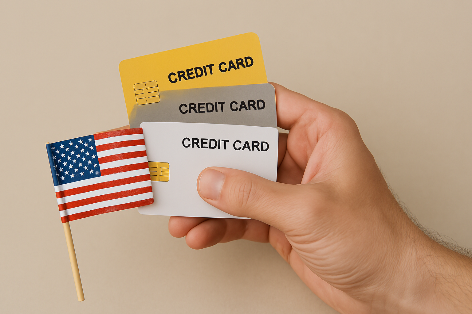 A realistic landscape-oriented photo showing a Caucasian hand holding three stacked credit cards in yellow, gray, and white. The hand gently grips a small American flag placed between the fingers and the cards. The background is a soft beige, creating a clean and minimalistic look.