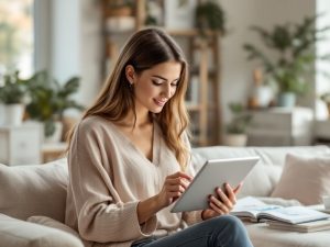 Smiling woman sitting on a sofa using a digital tablet at home, representing the convenience of managing finances and setting up automated payments online.