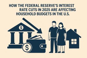 Flat, minimalist illustration about U.S. household budgets under Federal Reserve rate cuts in 2025. At the top, bold uppercase text reads: ‘How the Federal Reserve’s Interest Rate Cuts in 2025 Are Affecting Household Budgets in the U.S.’ On the left, a dark blue icon of a classical bank building with a dollar symbol is paired with a large downward arrow pointing toward an open wallet with money and a coin, suggesting lower borrowing costs or changing cash flow. On the right, a simple silhouette of a couple stands next to a house icon, representing American families and housing expenses. The beige background and clean shapes emphasize the theme of interest rates influencing everyday finances.