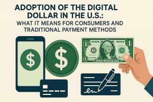 Flat illustration on a light beige background with a bold, dark-blue headline reading: ‘ADOPTION OF THE DIGITAL DOLLAR IN THE U.S.: WHAT IT MEANS FOR CONSUMERS AND TRADITIONAL PAYMENT METHODS.’ Below the text, a large smartphone with a green dollar symbol appears next to a green digital coin and a dark credit card, representing digital money and cards. On the right, a hand holds a U.S. one-dollar bill, while a paper check with a pen is shown underneath, symbolizing traditional cash and cheque payments. The composition contrasts digital currency adoption with legacy payment methods.