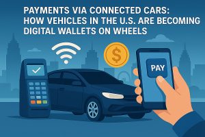 Blue-toned flat illustration with large white uppercase headline text reading: ‘PAYMENTS VIA CONNECTED CARS: HOW VEHICLES IN THE U.S. ARE BECOMING DIGITAL WALLETS ON WHEELS.’ In the center, a dark connected car is shown in front of a stylized city skyline. Above the car, a white Wi-Fi symbol suggests connectivity. On the left, a payment terminal with a checkmark indicates in-car or contactless payment approval. On the right, a hand holds a smartphone displaying a bold ‘PAY’ button, and a gold coin with a dollar sign floats nearby, reinforcing digital transactions. The modern, clean design emphasizes vehicles acting as mobile digital wallets.