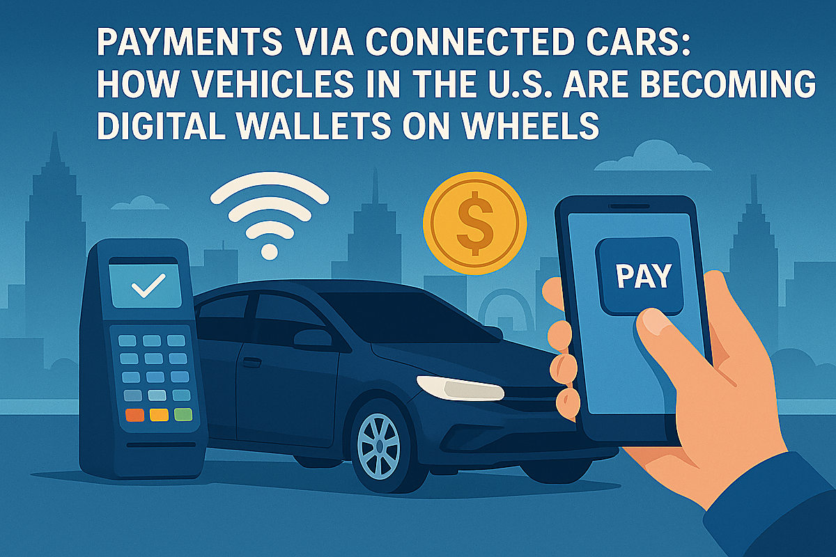 Blue-toned flat illustration with large white uppercase headline text reading: ‘PAYMENTS VIA CONNECTED CARS: HOW VEHICLES IN THE U.S. ARE BECOMING DIGITAL WALLETS ON WHEELS.’ In the center, a dark connected car is shown in front of a stylized city skyline. Above the car, a white Wi-Fi symbol suggests connectivity. On the left, a payment terminal with a checkmark indicates in-car or contactless payment approval. On the right, a hand holds a smartphone displaying a bold ‘PAY’ button, and a gold coin with a dollar sign floats nearby, reinforcing digital transactions. The modern, clean design emphasizes vehicles acting as mobile digital wallets.