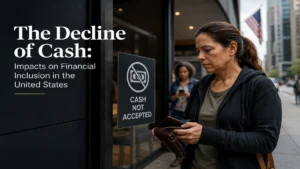 Woman holding a wallet in front of a cashless payment sign on a modern city street, illustrating the decline of cash and its impact on financial inclusion in the United States in a cinematic editorial style.